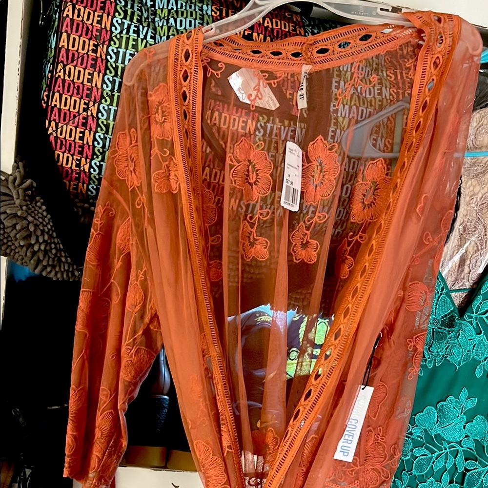 Steve Madden Orange Sheer Embroidered Women's Top